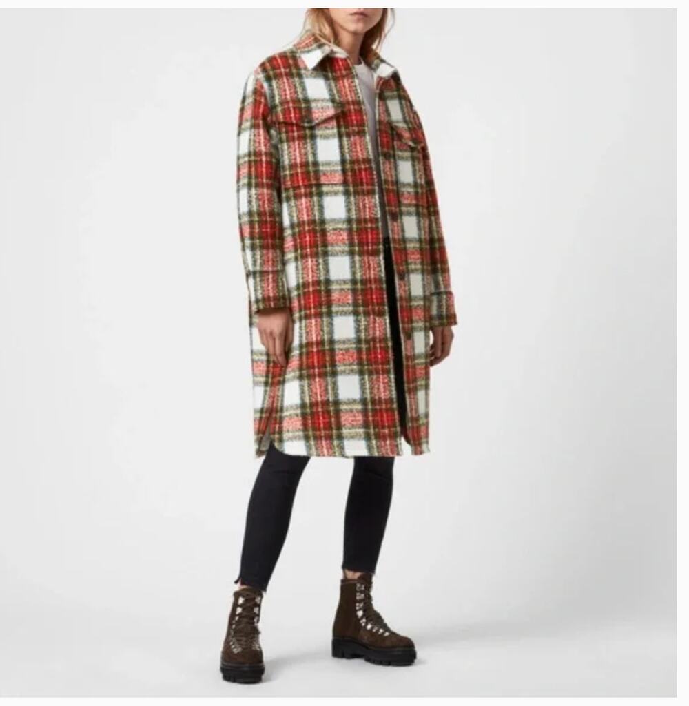 AllSaints Nia Wool Plaid Coat S 6 Red Western Grunge Quilted 90s Y2K All Saints